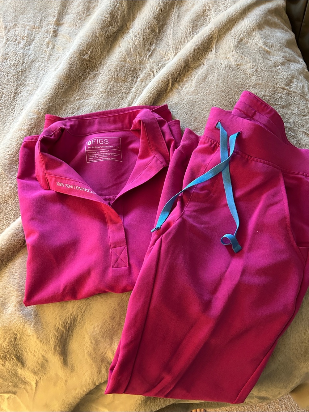 Figs Hot Pink Scrub Top and Pants with Teal Drawstring